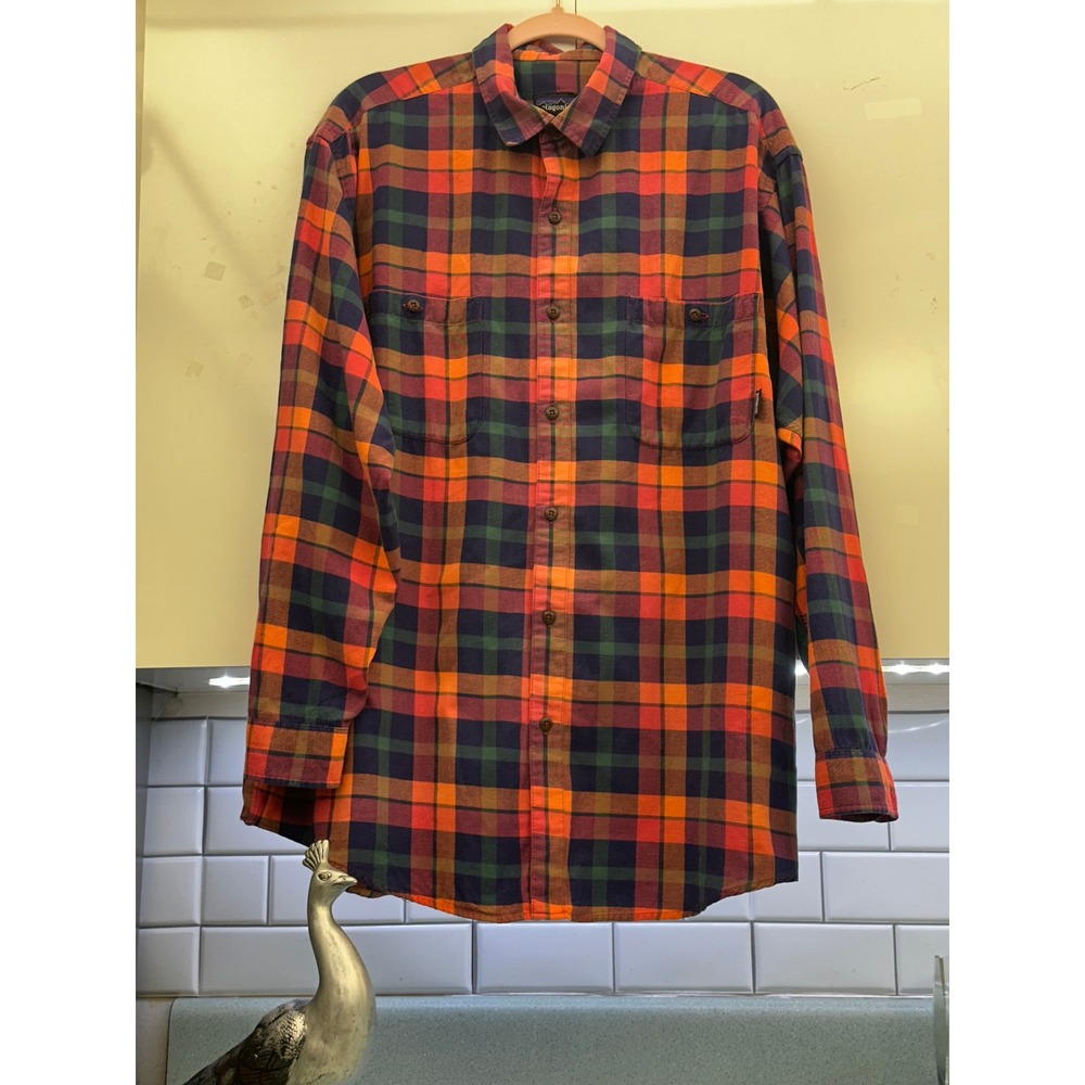 Patagonia Mens Fjord Flannel Shirt Plaid Made Portugal Orange Green Outdoor Lg